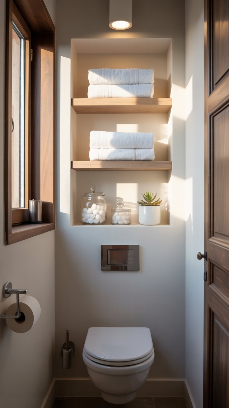 Niche murale encastrée au dessus des toilettes avec étagères en bois