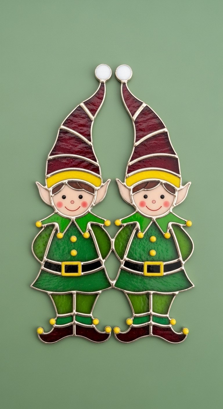 Paire de lutins de Noël en vitrail avec des costumes verts et des chapeaux rouges