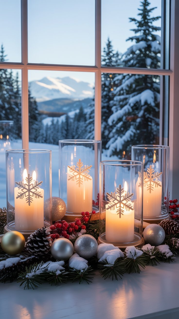 Photophores de Noël avec des bougies devant une fenêtre enneigée