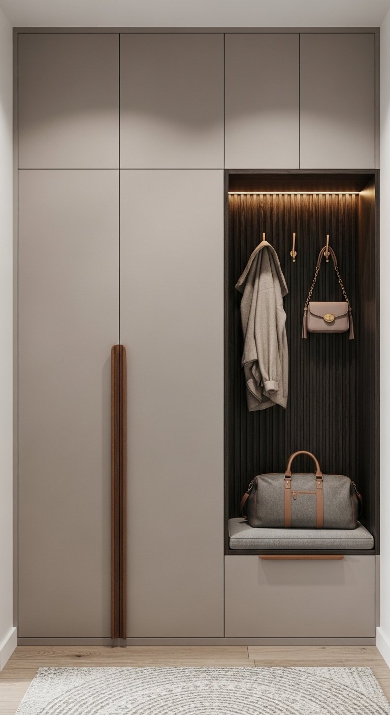 Placard minimaliste avec poignee en bois et niche noire