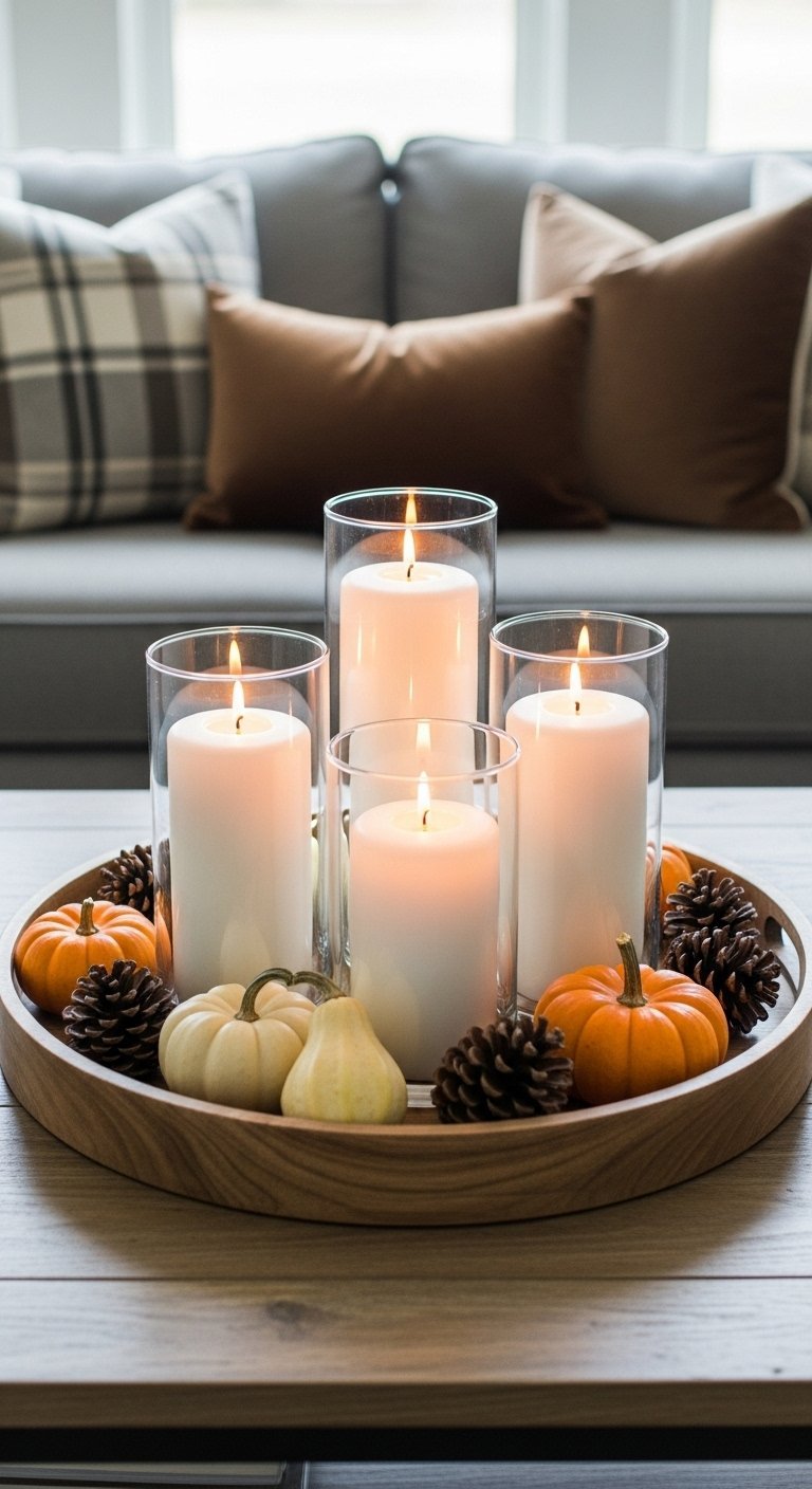 Plateau en bois avec de grandes bougies et des mini citrouilles sur une table basse