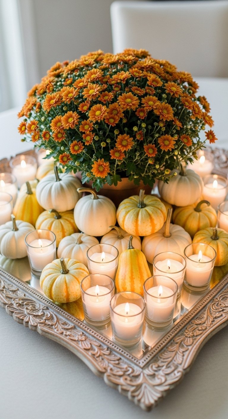 Plateau miroir avec des chrysanthèmes des mini citrouilles et des bougies