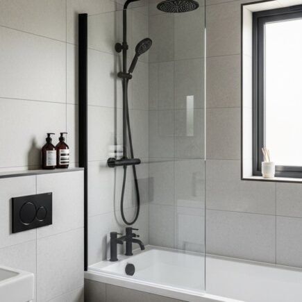 Salle de bain sobre avec carrelage gris et robinetterie noire mate