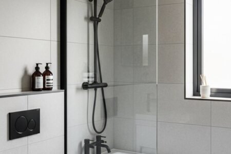 Salle de bain sobre avec carrelage gris et robinetterie noire mate