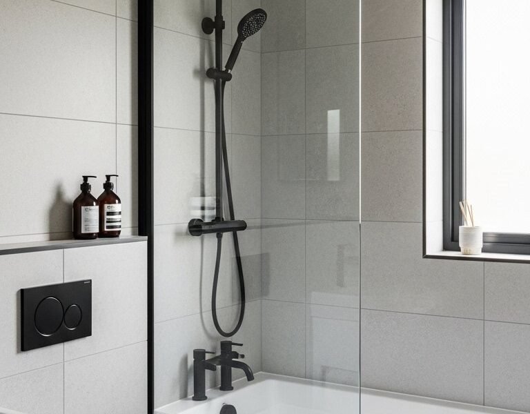 Salle de bain sobre avec carrelage gris et robinetterie noire mate