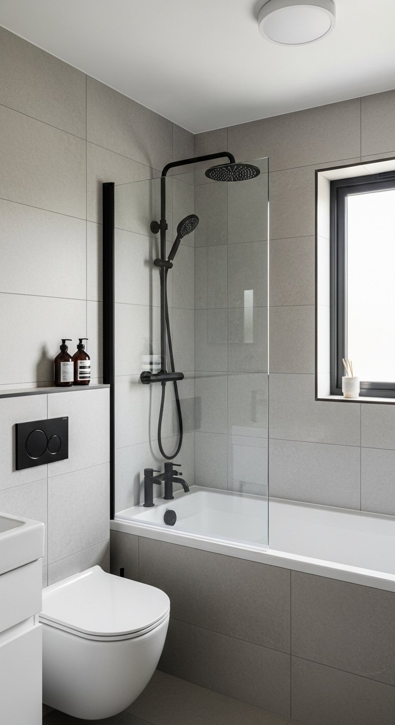 Salle de bain sobre avec carrelage gris et robinetterie noire mate