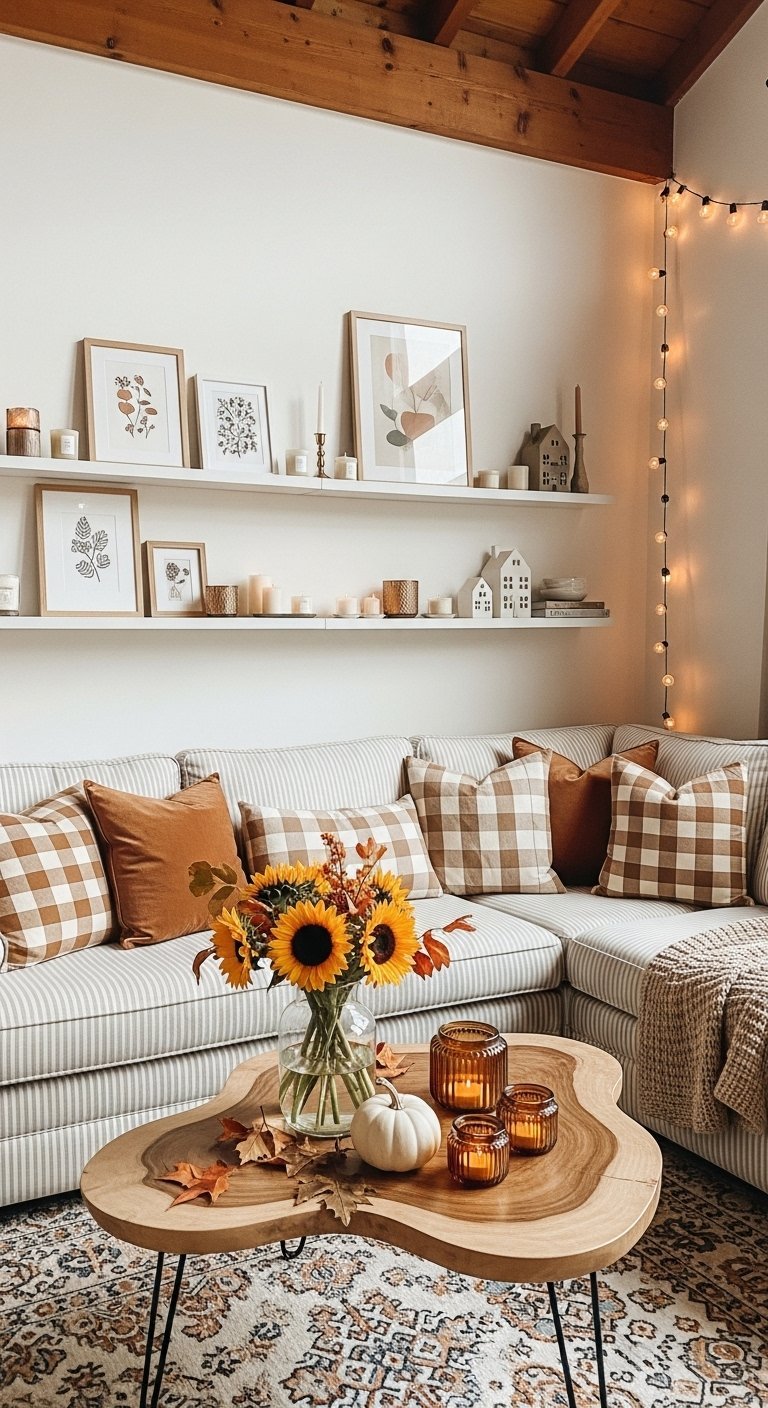 Salon boheme avec des coussins a carreaux et un bouquet de tournesols