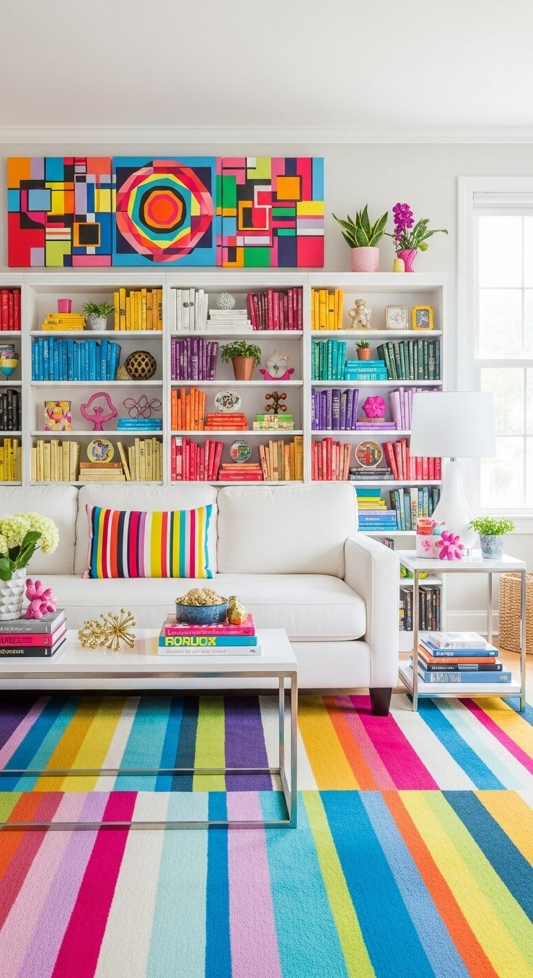 Salon colore avec bibliotheque blanche et tapis arc en ciel