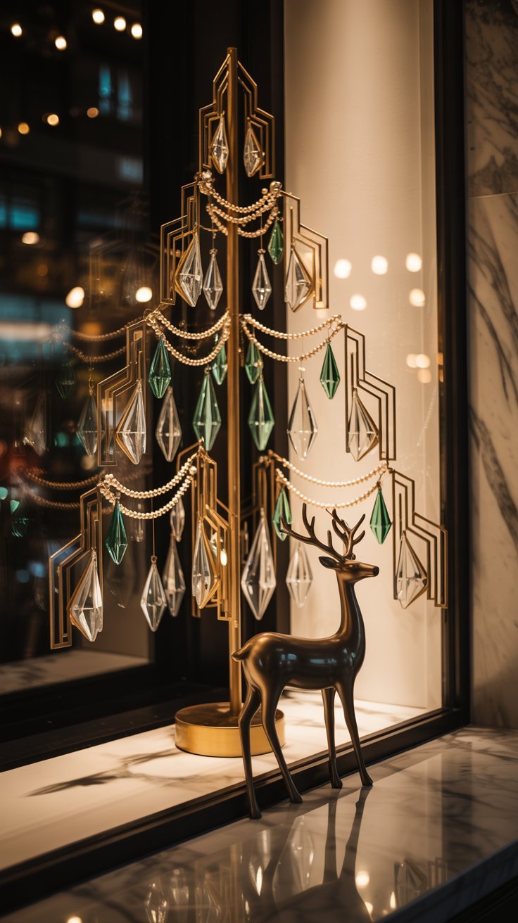 Sapin de noel art deco en metal dore avec une figurine de renne