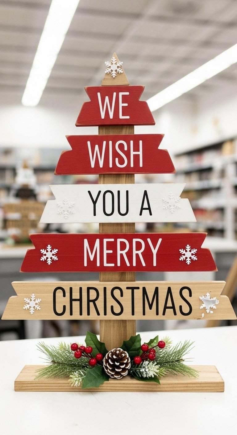 Sapin decoratif en bois avec le message We Wish You A Merry Christmas