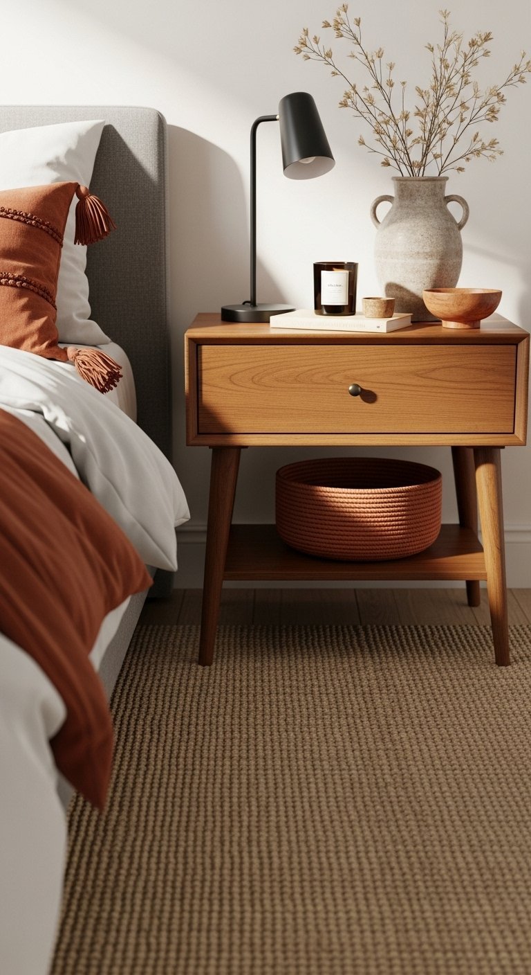 Table de chevet en bois avec coussin terracotta à pampilles