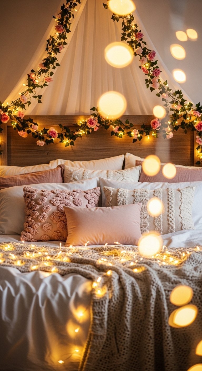 Tête de lit en bois décorée d une guirlande de roses lumineuse