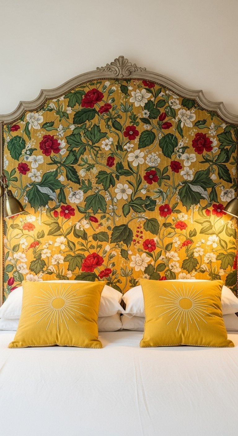 Tete de lit vintage recouverte d un tissu jaune a motifs de fleurs rouges