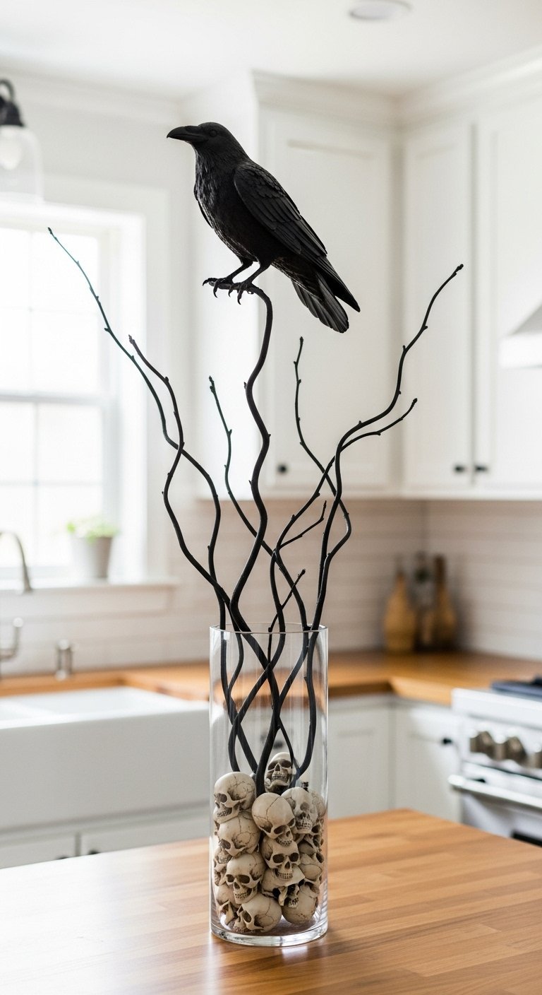 Vase en verre rempli de cranes avec des branches noires et un corbeau