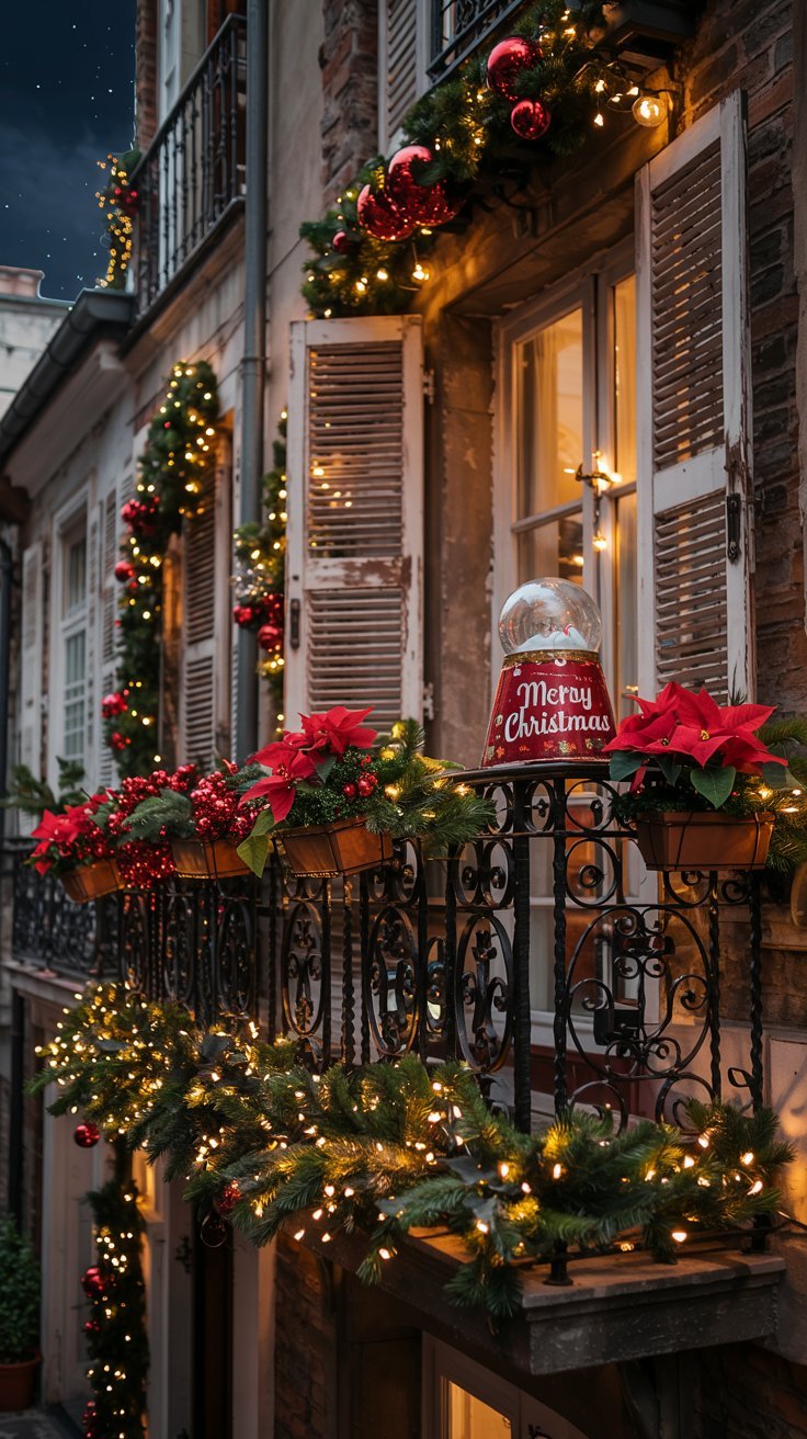 Balcon en fer forge avec guirlandes lumineuses et poinsettias