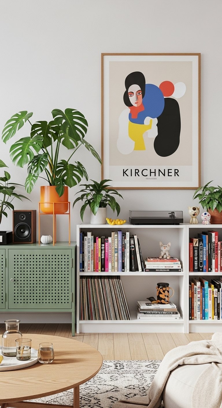 Bibliotheque basse blanche avec platine vinyle et plante monstera