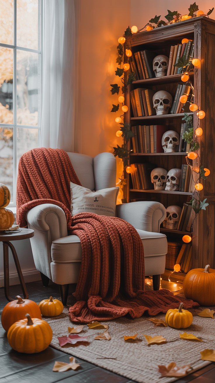 Bibliotheque en bois decoree avec des cranes et des guirlandes lumineuses a cote d un fauteuil
