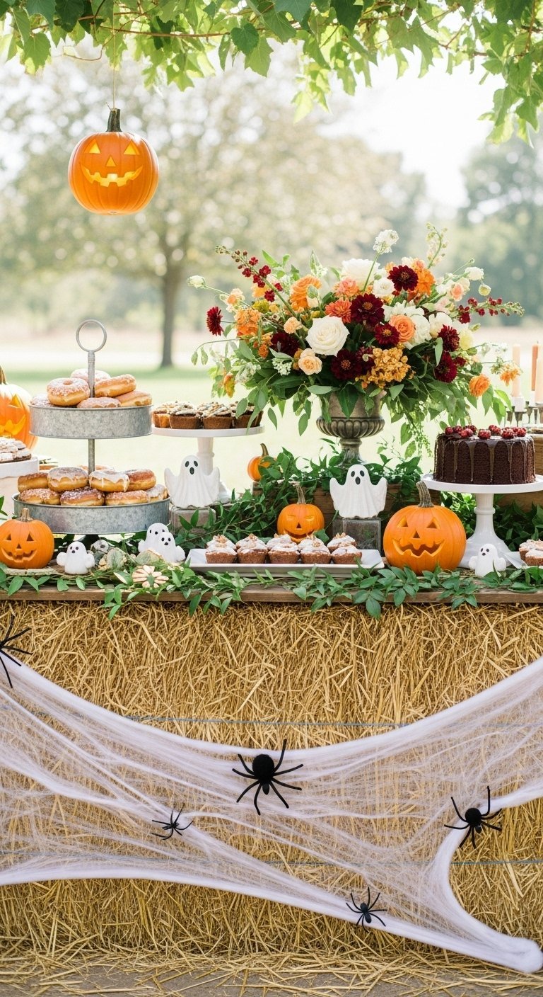 Buffet d Halloween sur une botte de foin avec des beignets et des gâteaux fantômes