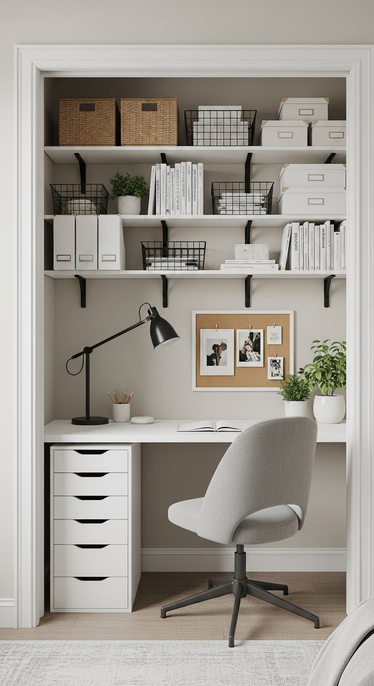 Bureau blanc organisé avec des étagères supportées par des équerres noires et des paniers métalliques