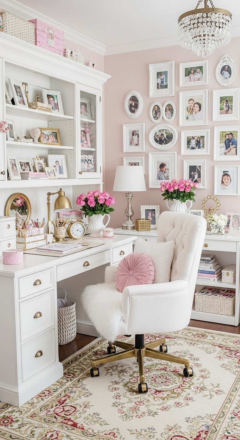Bureau classique blanc avec bibliothèque intégrée et mur de photos
