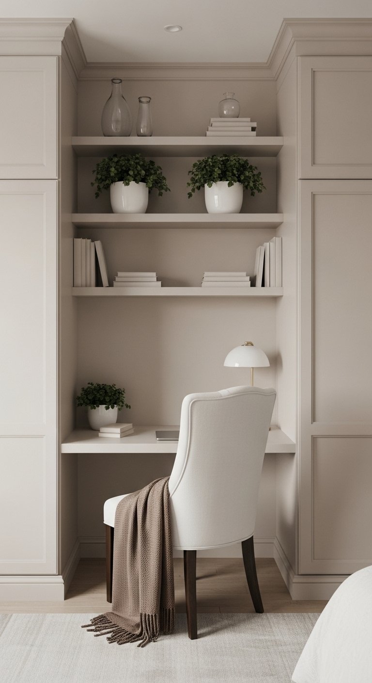 Bureau dans une niche de couleur beige avec chaise blanche et plaid