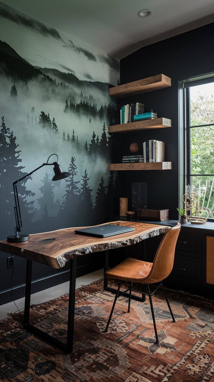 Bureau en bois live edge devant un mur avec papier peint de forêt