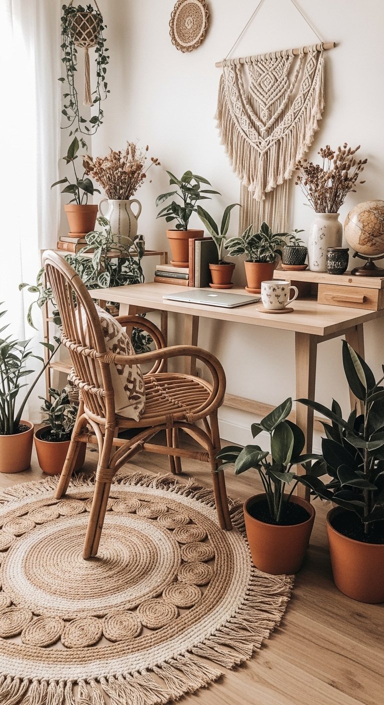 Bureau et chaise en rotin dans un espace de travail de style bohème avec des plantes