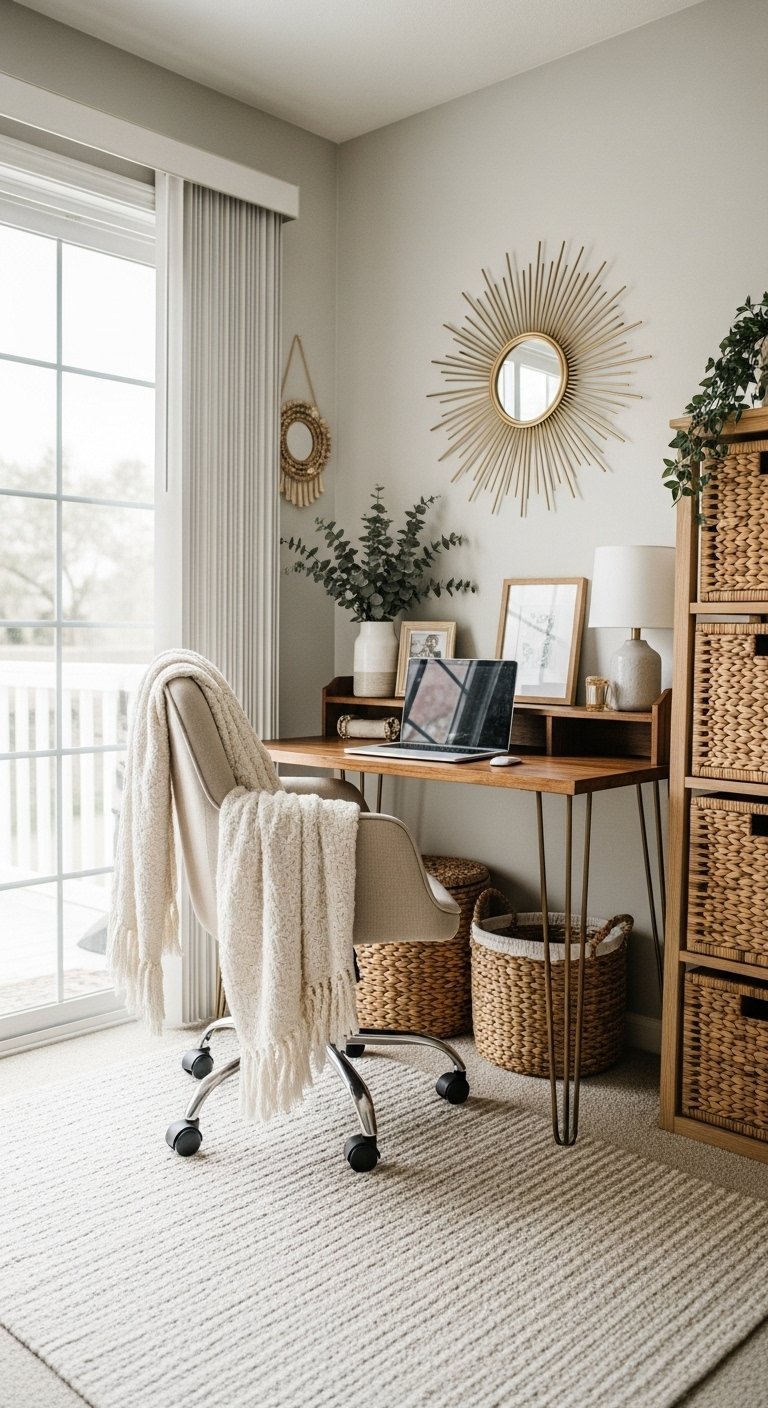 Bureau intégré dans une alcôve avec une chaise en velours vert et des plantes
