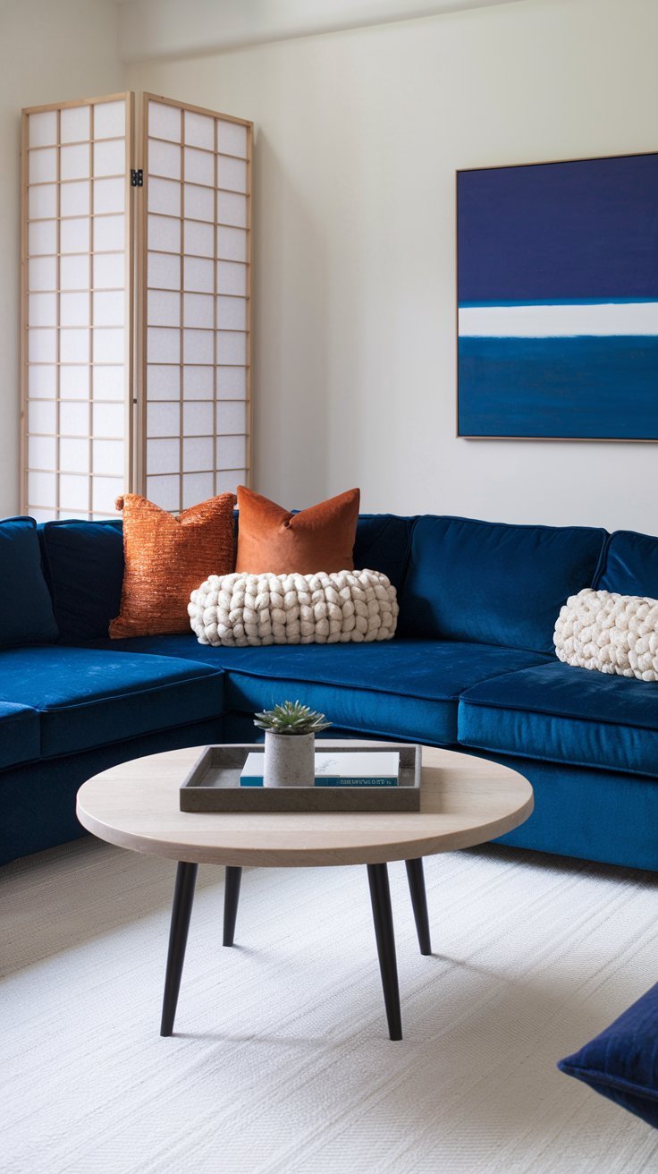 Canape d angle en velours bleu avec coussins orange et paravent japonais