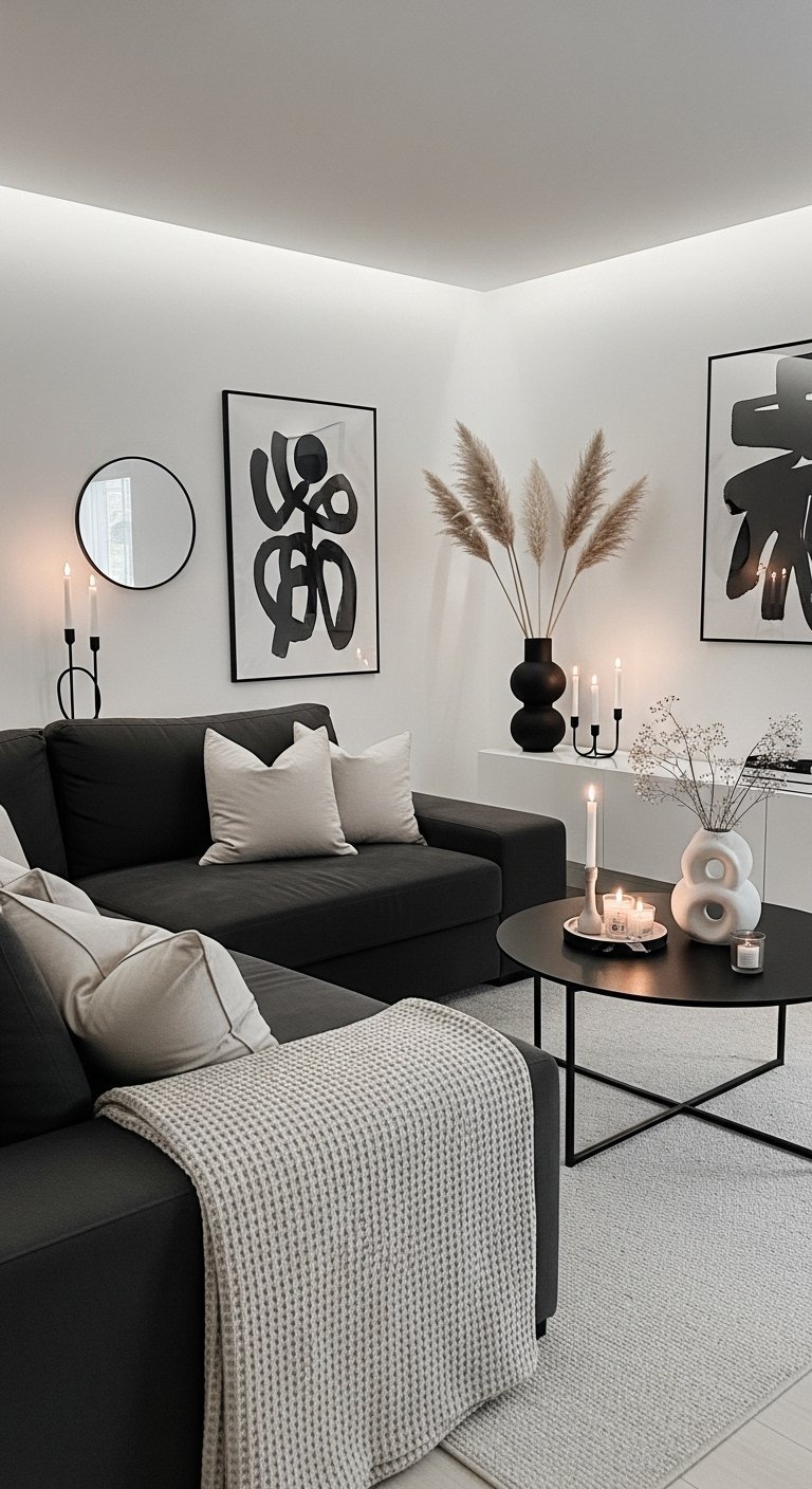Canapé sectionnel anthracite dans un salon minimaliste noir et blanc