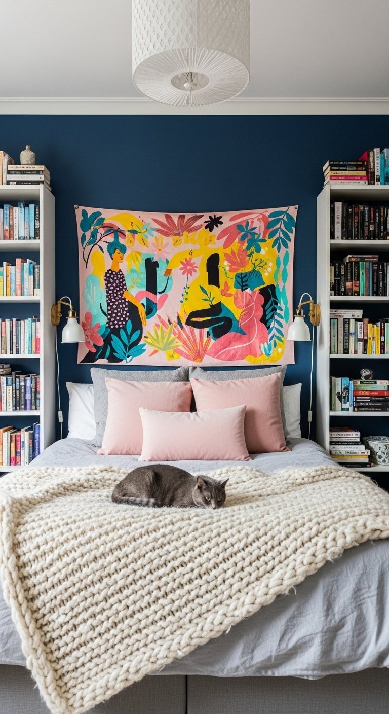 Chambre avec mur bleu nuit et grande tenture colorée