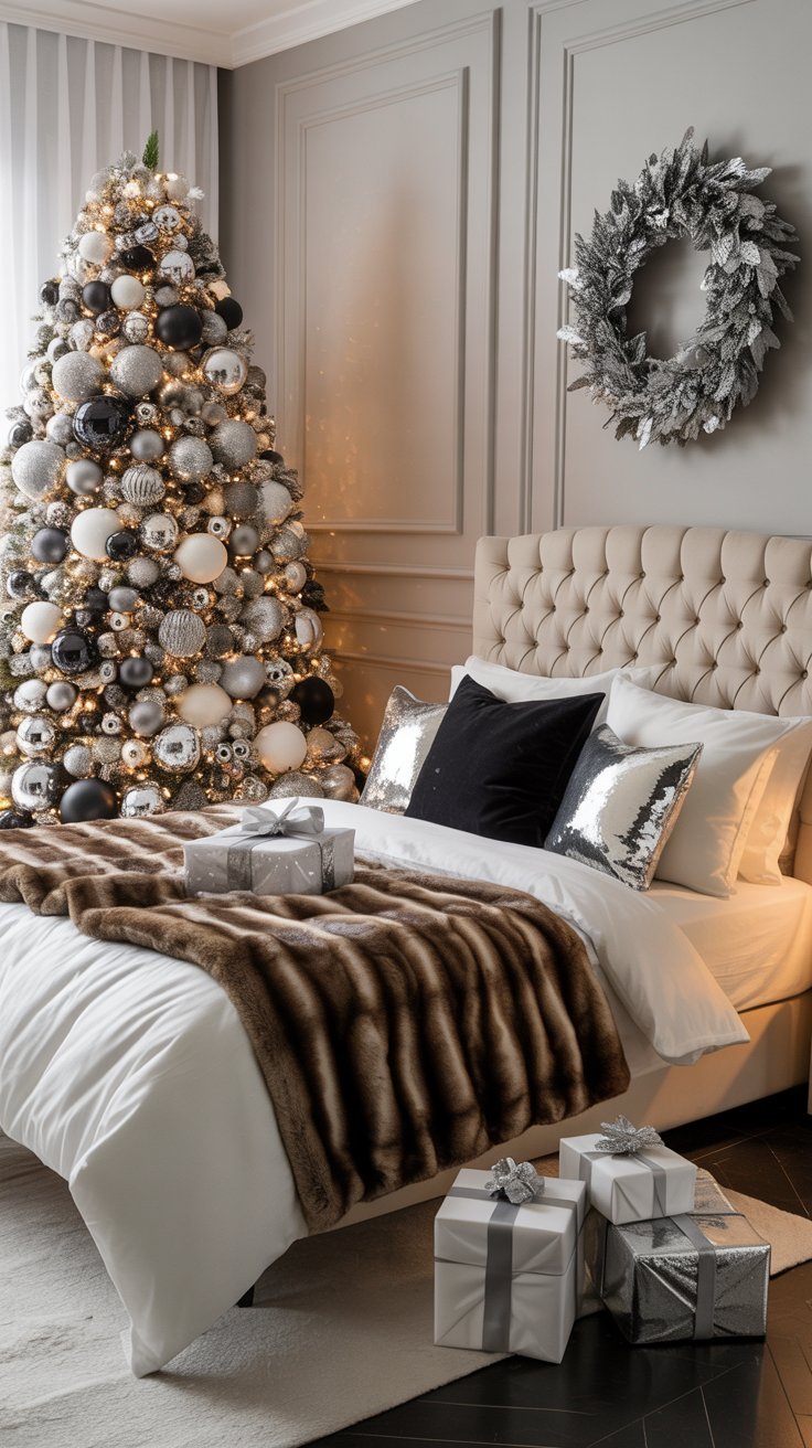 Chambre élégante avec un sapin de Noël argenté et noir
