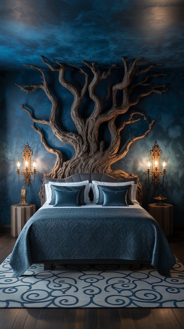 Chambre glamour gothique avec lit noir et textiles en velours bordeaux