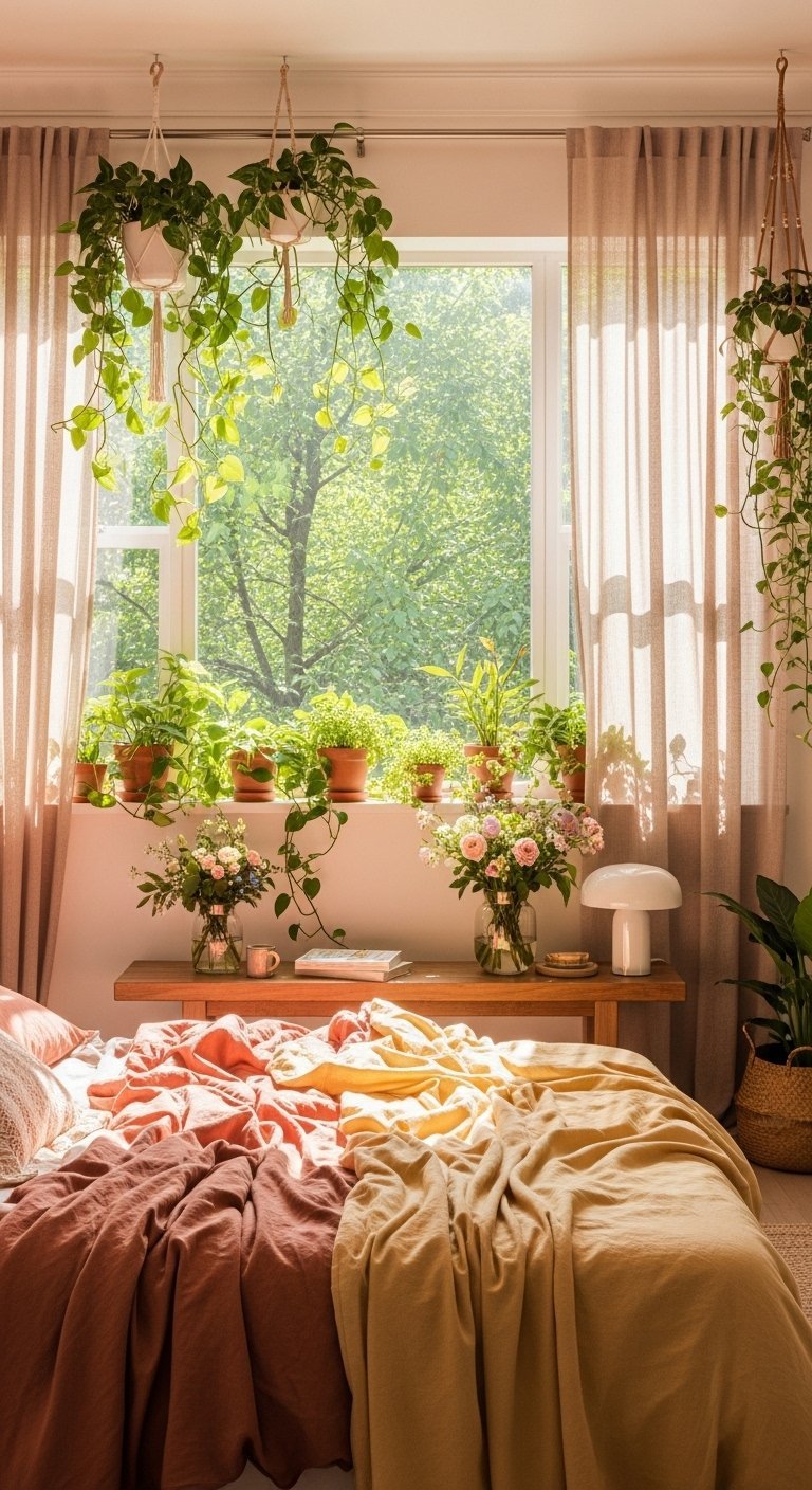 Chambre lumineuse avec étagère à plantes devant la fenêtre au dessus du lit