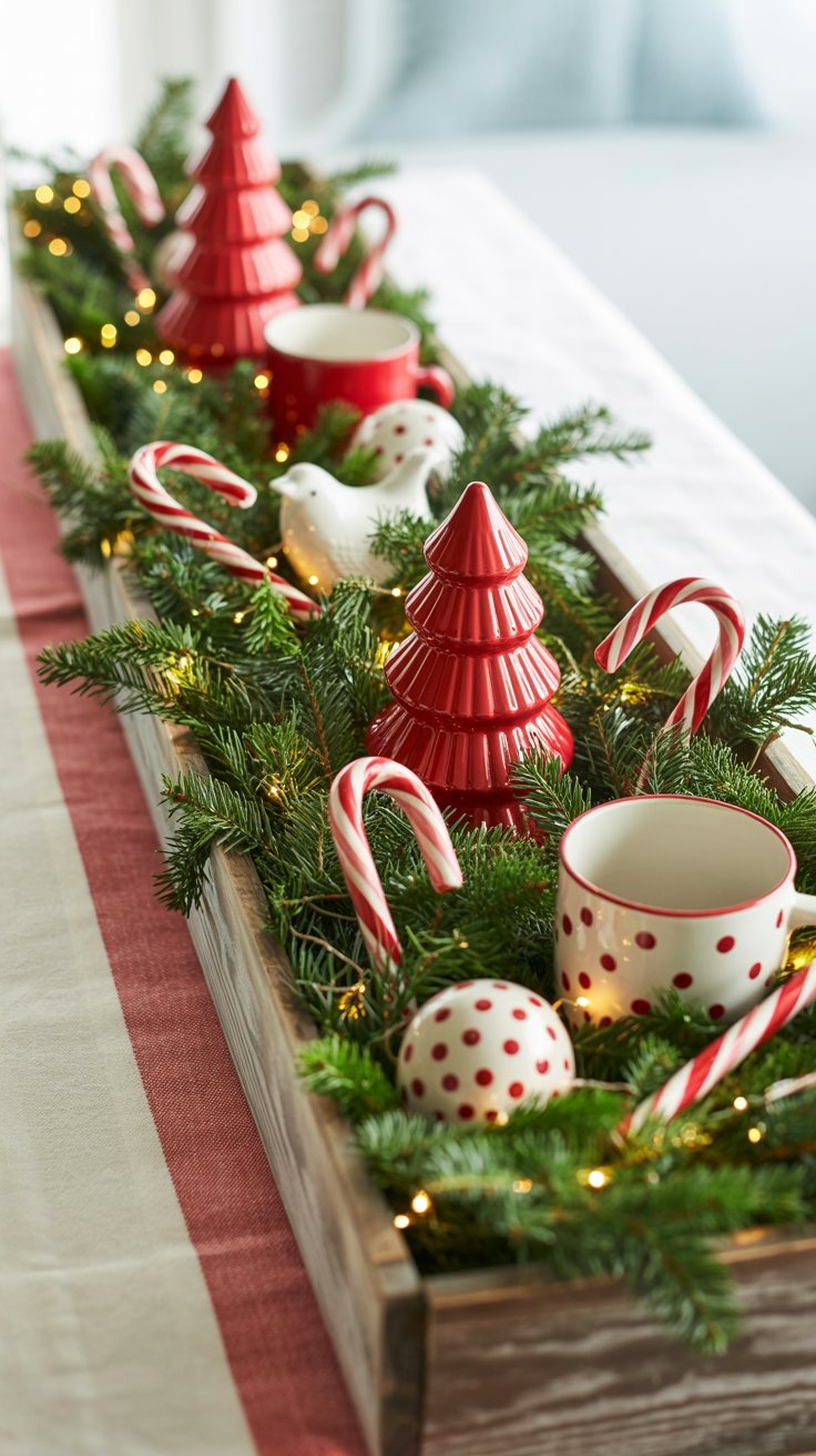 Chemin de table en bois avec décorations rouges comme des sucres d orge