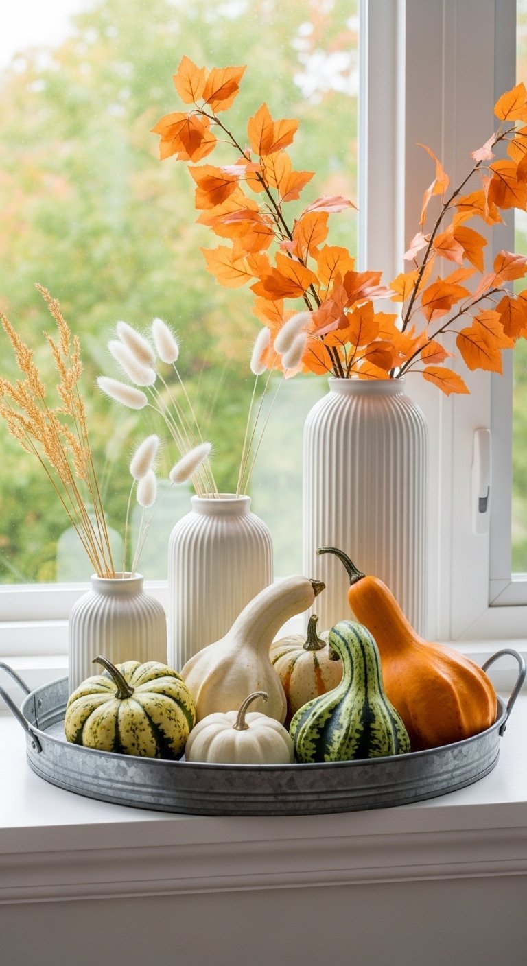 Décor de rebord de fenêtre avec plateau en métal courges et vases en céramique