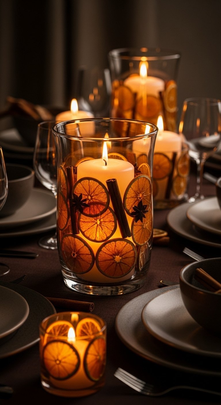 Décoration de table avec de grandes bougies dans des vases aux oranges séchées