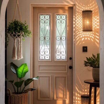 Entrée avec arche et appliques murales créant des motifs lumineux