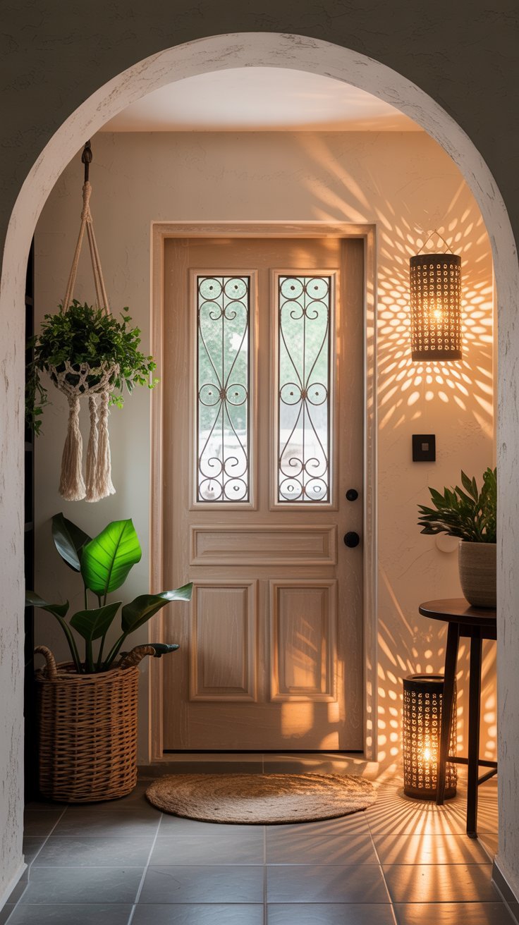 Entrée avec arche et appliques murales créant des motifs lumineux