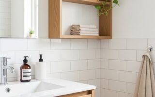 Étagère ouverte en bois au dessus d un meuble vasque blanc et bois
