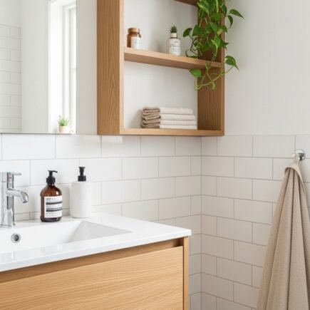 Étagère ouverte en bois au dessus d un meuble vasque blanc et bois