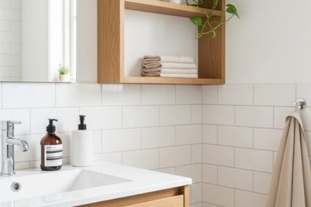 Étagère ouverte en bois au dessus d un meuble vasque blanc et bois