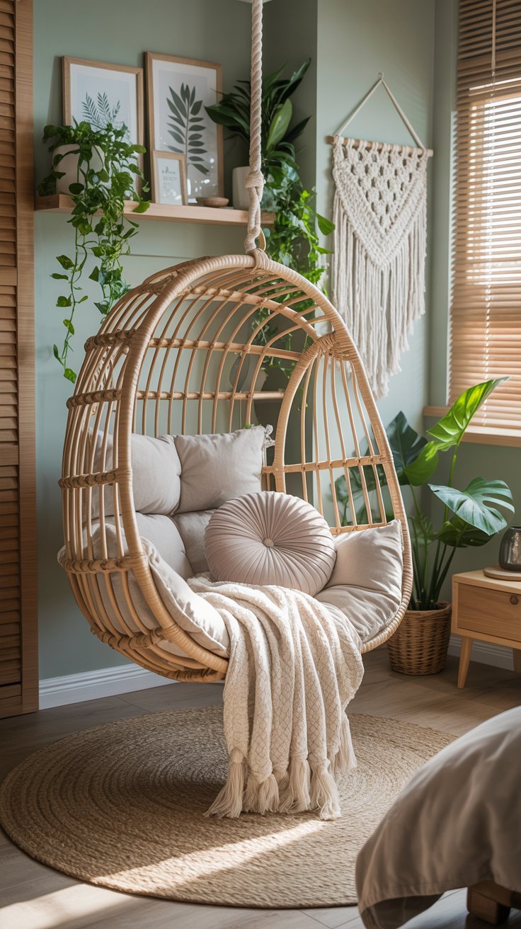 Fauteuil suspendu en rotin dans le coin d une chambre lumineuse