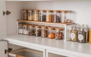 Garde manger avec bocaux en verre et paniers grillagés coulissants pour légumes