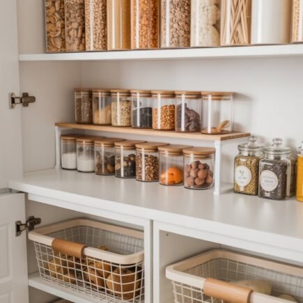 Garde manger avec bocaux en verre et paniers grillagés coulissants pour légumes