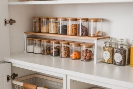 Garde manger avec bocaux en verre et paniers grillagés coulissants pour légumes