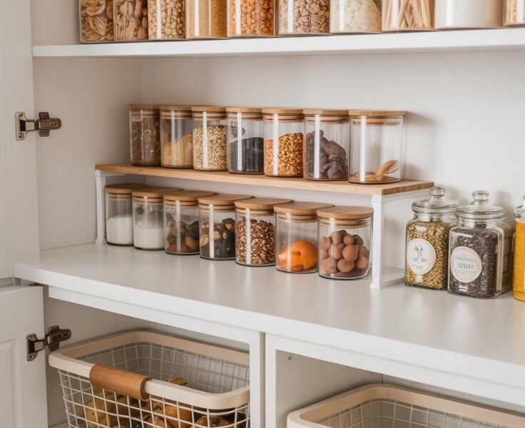 Garde manger avec bocaux en verre et paniers grillagés coulissants pour légumes