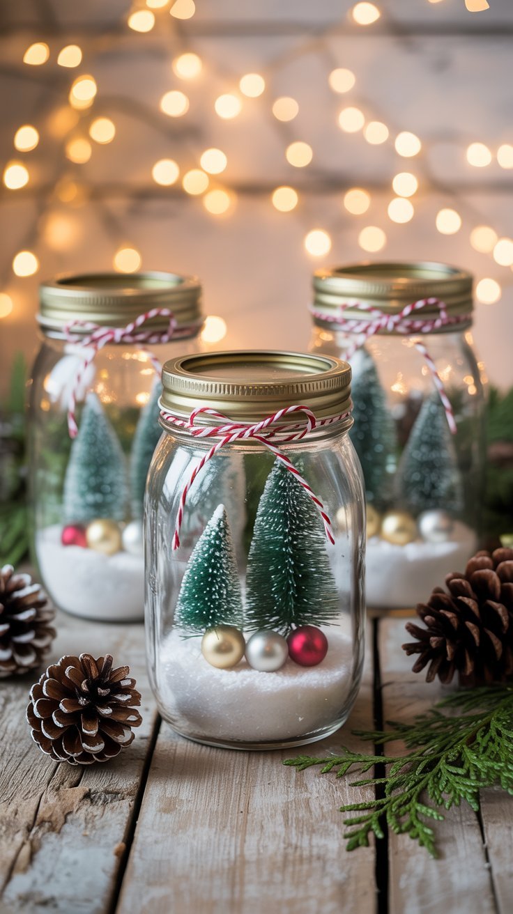 Globes de neige faits maison dans des bocaux en verre avec mini sapins
