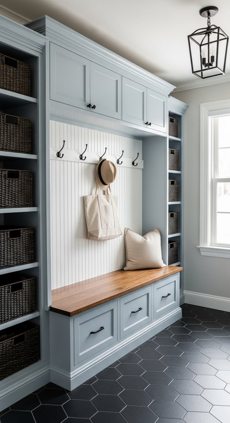 Grand meuble mudroom de couleur bleu poudré avec paniers de rangement