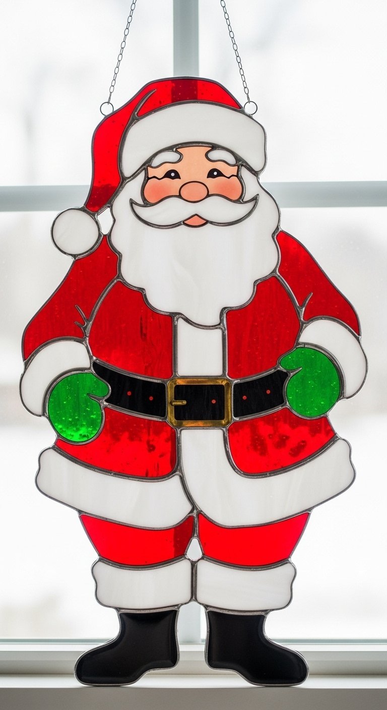 Grand vitrail du Père Noël en pied avec son costume rouge et des gants verts